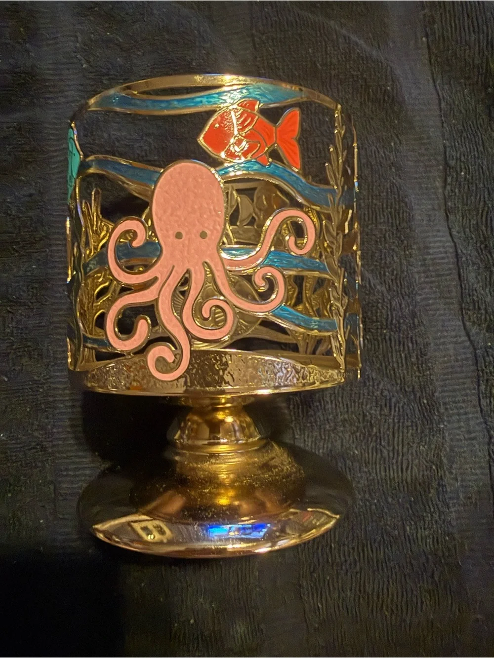 Gold Metal Ocean-Themed Decorative Candle Holder with Turquoise Fish